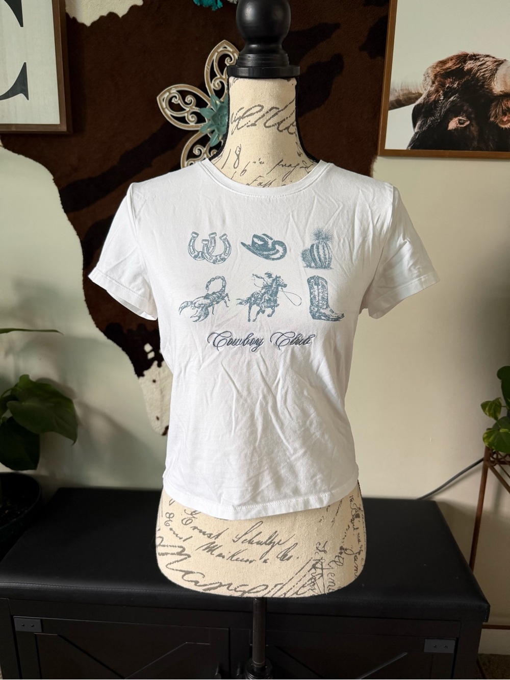 White Graphic Crop Tee with Blue Western Icons